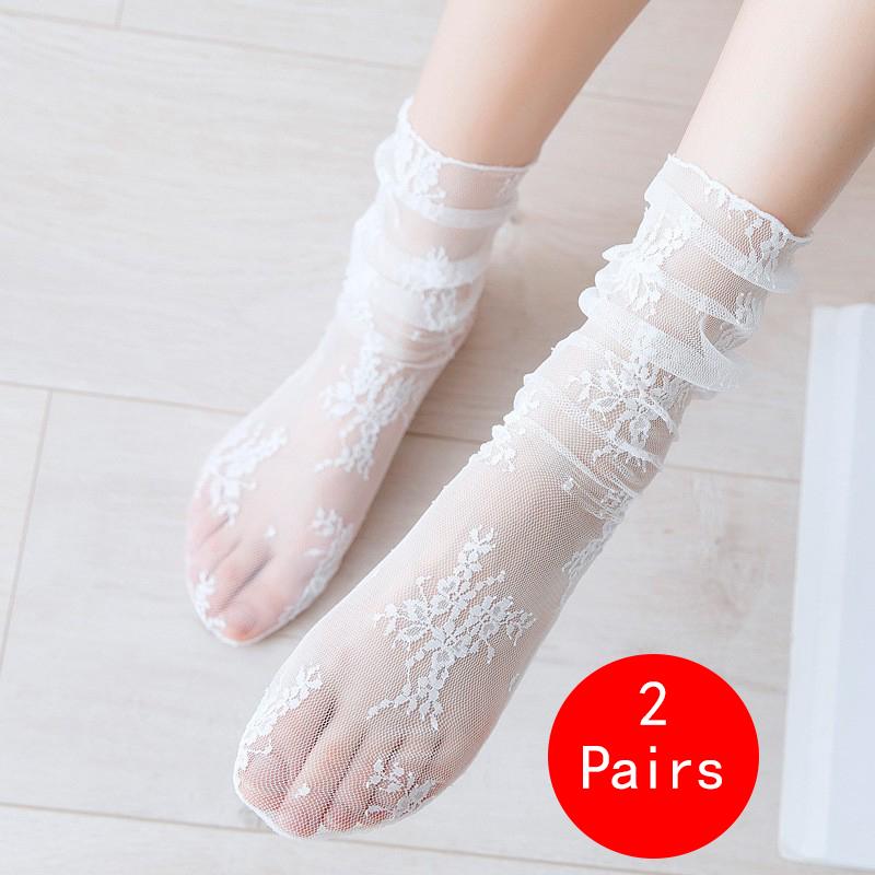 1/2 Pairs Thin Socks Women Summer Ultra Breathable Transparent Lace Socks Lolita Soft Sexy White Ins Mid Socks Fishnet Woman