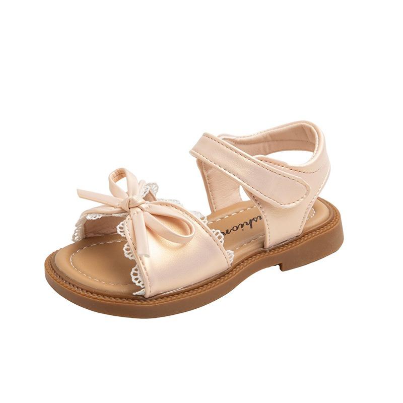 Girls Bow Lace Trim Sandals Velcro Strap Flat Sole Casual Summer Princess Shoes