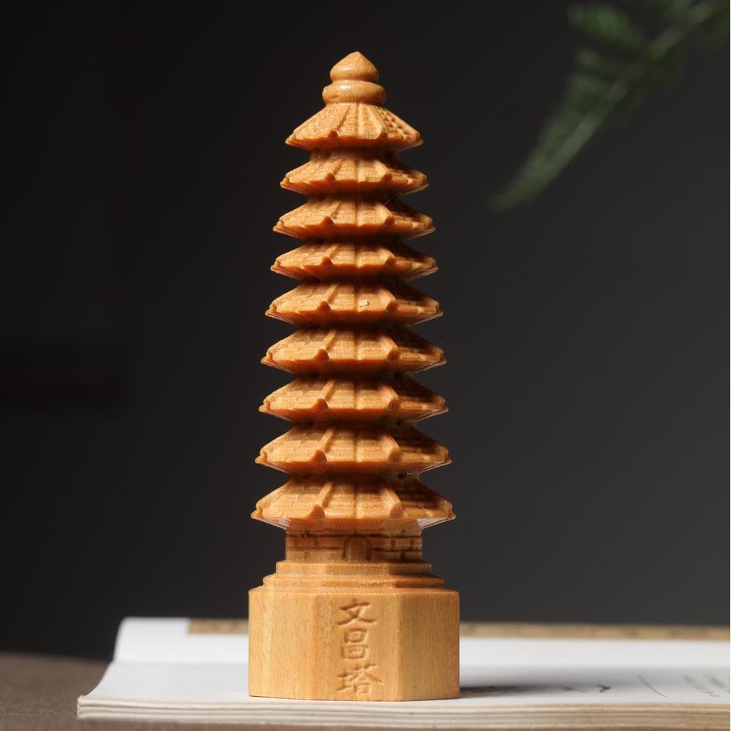 Wooden Figurines Tower Statue Wooden Tower Sculpture Home Living Room Decoration Ancient Architectural Style Figurine