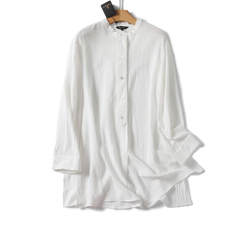 

MD Women clothes Early Autumn New Holiday Style Zen Linen Mid-Length round Neck Long sleeve Shirts 05112988712 White L