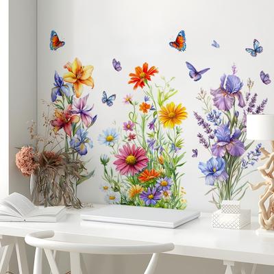 Watercolor Flower Butterfly Bedroom Living Room Entrance Decoration Beautification Wall Sticker Self-adhesive