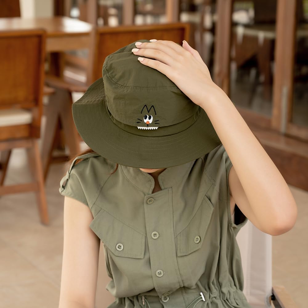SMILER Zippa Bucket Sun Adventure Bucket Hat for Men and Lightweight and Easy to Store Hat, Water-Repellent, Safari, Hat, Hat, Women, (Green, CAT)