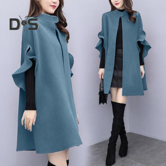 Abrigo de invierno para mujer, con mangas tipo pétalo, cuello alto, corte en A, capa de punto abierto, cárdigan de largo medio, abrigo de lana para exteriores, poncho