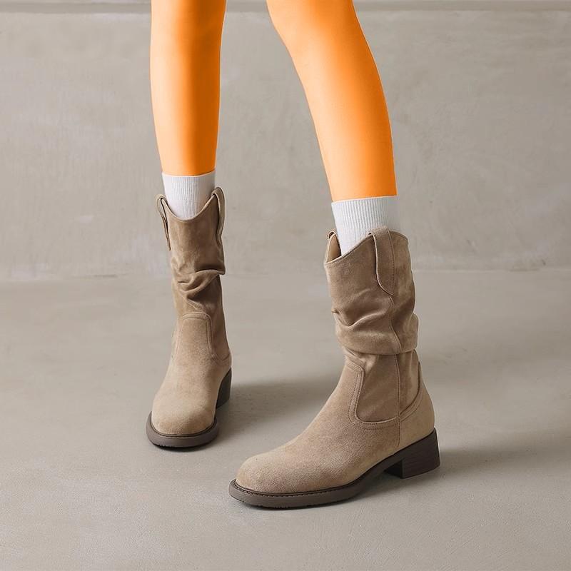 New Style Women's Natural Suede Leather Small Square Toe Slip-on Autumn Pleated Knee High Boots Casual Female Punk Western Boots