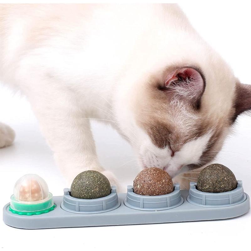 Catnips Toy Edible Ball Set Wall Mount Rotatable Natural Licking Treat Toy for Kitten of Various Age 8" Long Base X3UC