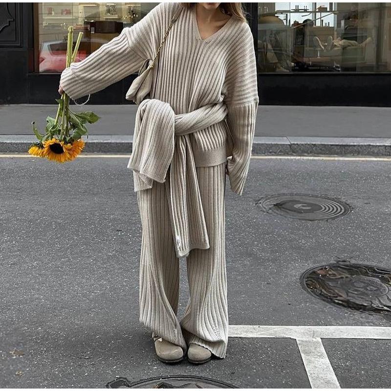 Autumn and Winter Wool Suit Women's Autumn and Winter High-end Sense Solid Color V-neck Sweater Straight Trousers Two-piece Set Women