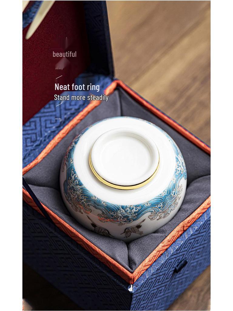 Gilt Ceramic Teacup - Mutton Fat Jade & Silver White Porcelain Kung Fu Tea Set