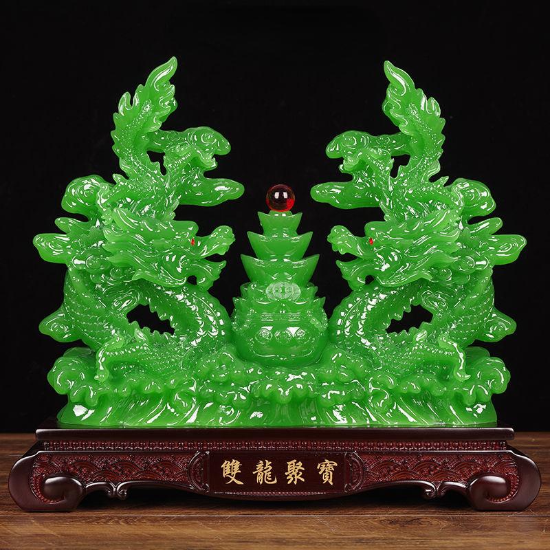 Fengshui Zhaocai Double Dragon Treasure Pot Brings Wealth Green Dragon Decoration Living Room Office Decoration