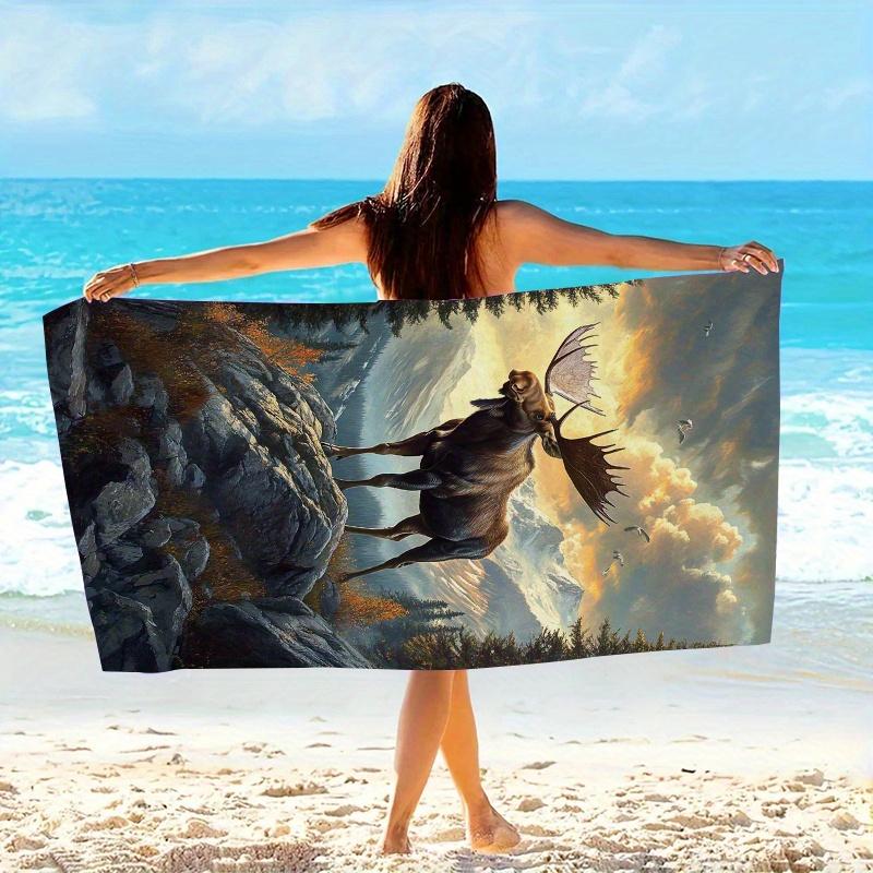 1 Stück Elch Berg Strandtuch Tierwelt Landschaft Druck Natur Design Schnelltrocknend Weich Mikrofaser Badetuch Für Männer Outdoor-Liebhaber
