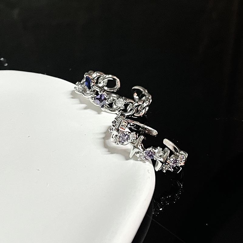 Niche Design Sense Diamond-Encrusted Zircon Mango Chain Open Ring Advanced Sense French Adjustable Stacked Ring Women