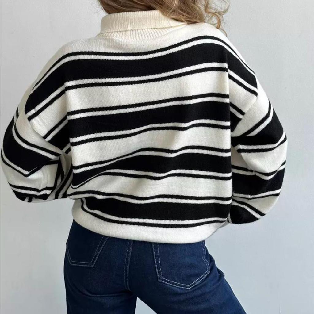 Ladies' Fashionable And Comfortable Half Zip Lapel Contrasting Loose Striped Knitted Top