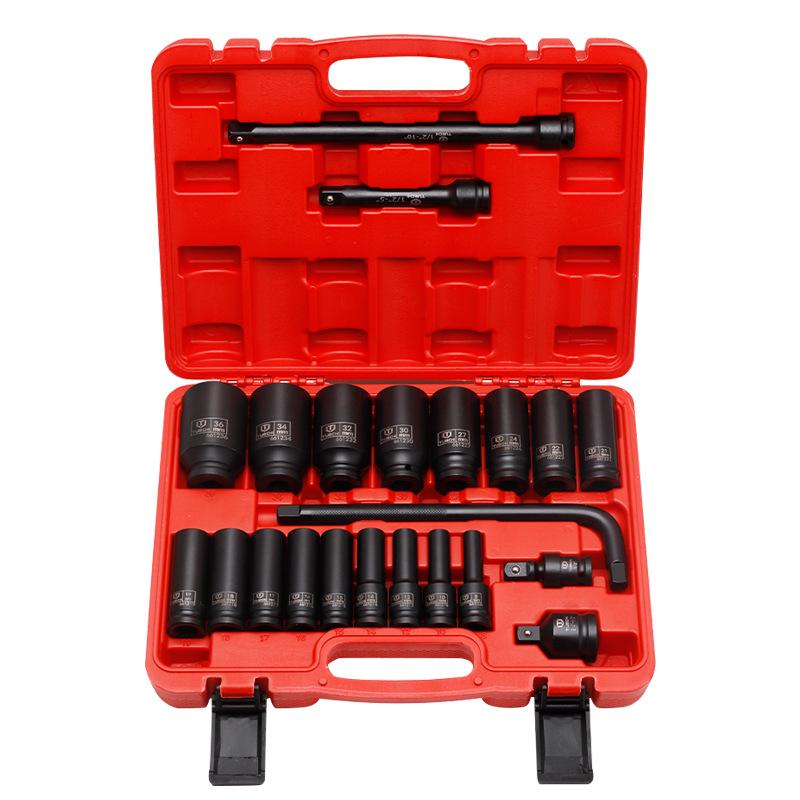 22-Piece Long Hex Socket Set, 12-Point Pneumatic, Thickened, Extended for Auto Repair & Maintenance.