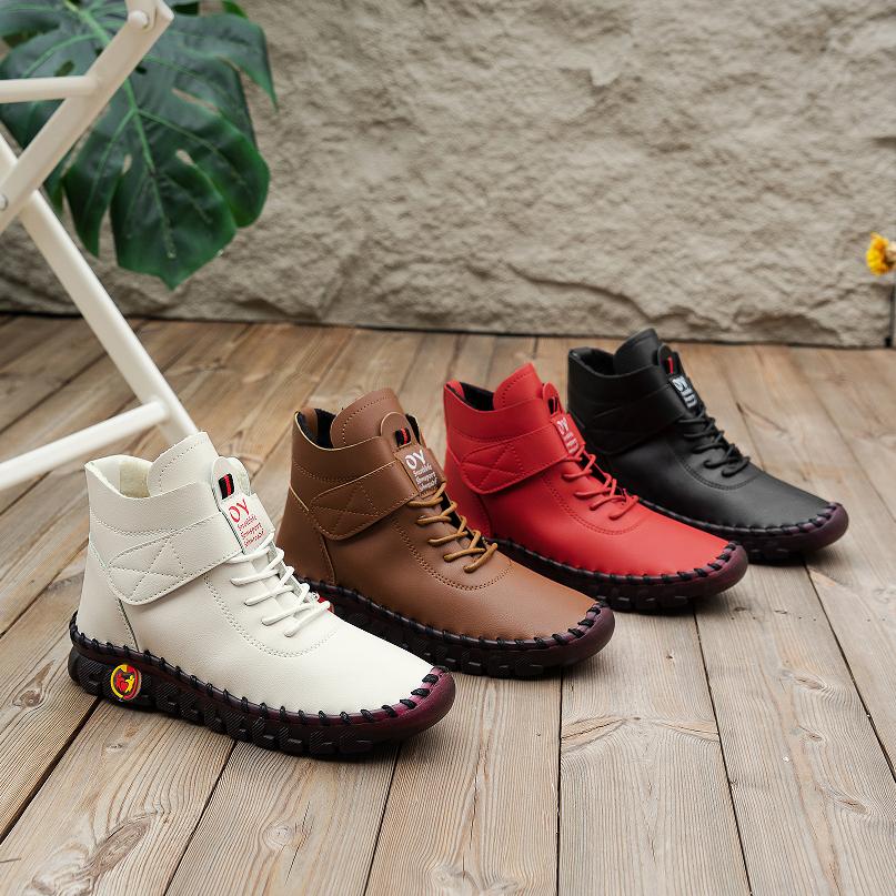 Zimní nadrozměrné šněrovací plyšové krátké boty Ručně šité bavlněné boty s měkkou podrážkou Pravá kůže Teplé plyšové protiskluzové krátké boty