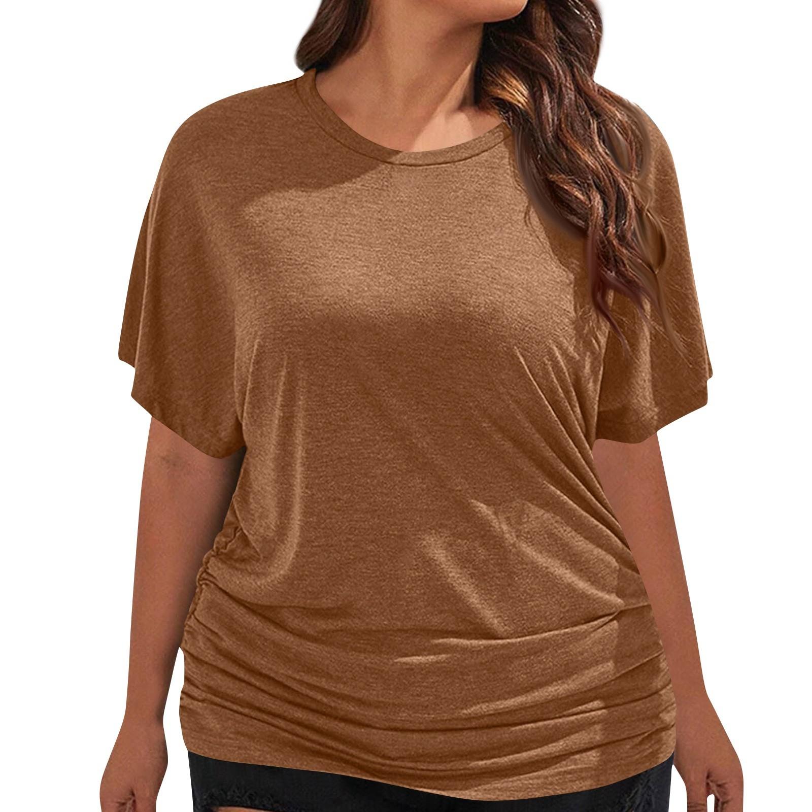 

Женская модная однотонная футболка с круглым вырезом, плиссированная, с короткими рукавами, свободная, повседневная L коричневый