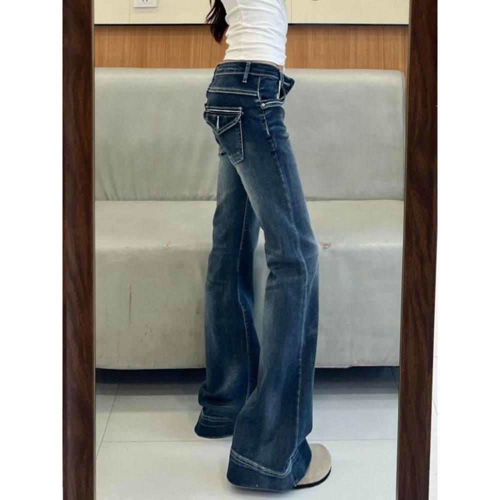 Women's Low Rise Flare Jeans Washed Vintage Slim Fit Casual Denim Pants Streetwear Trousers