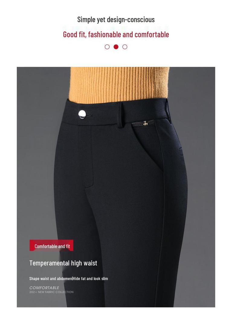 2024 Spring & Autumn Black Elastic High-Waisted Straight-Leg Pants for Women - Slimming, Versatile, Casual Fit for Middle-Aged Moms