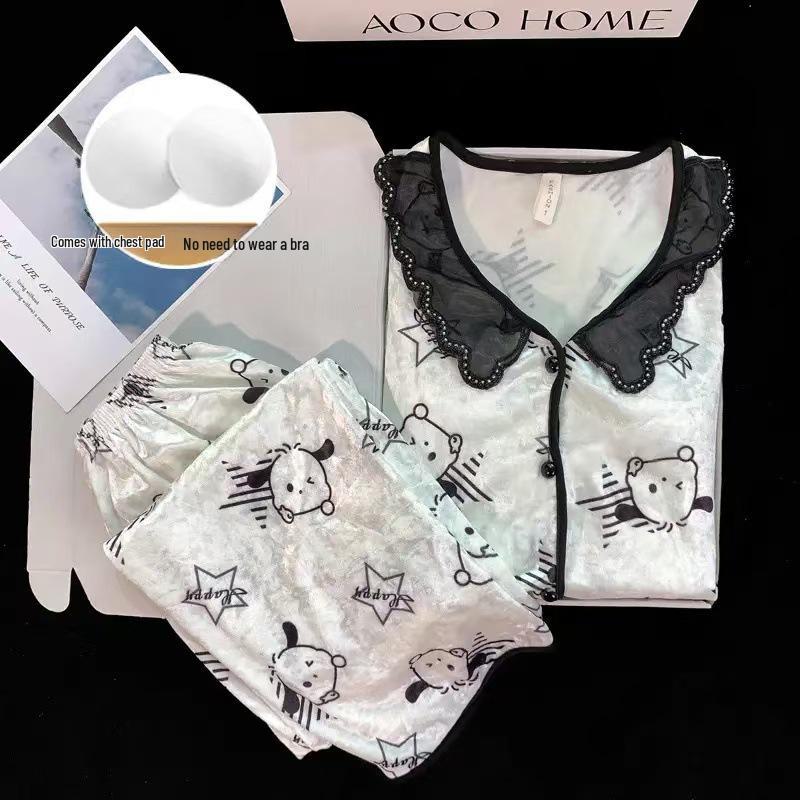 Set de pijama din catifea aurie pentru femei cu cupe pentru bust - Cardigan de lux cu mâneci lungi, costum din două piese pentru toamna/iarna 2024.