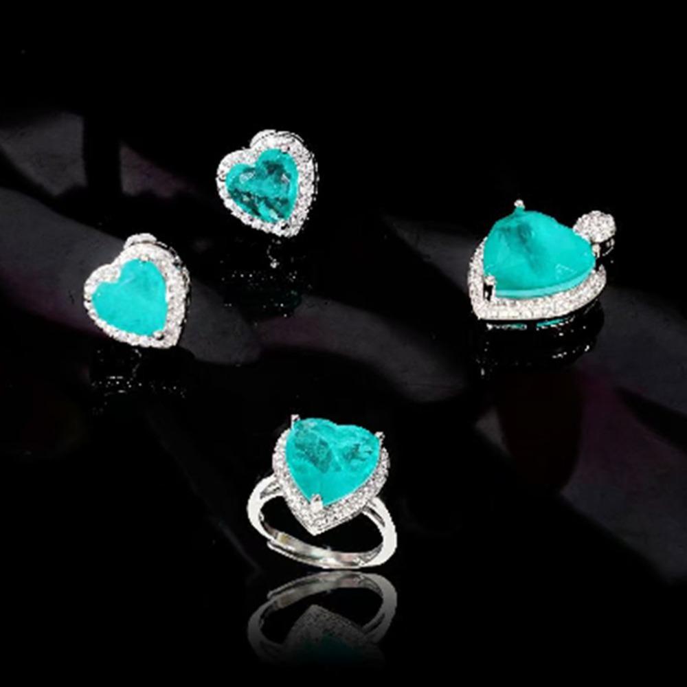 Women Jewelry Set Heart Ring Pendant Necklace Gift Imitation Paraiba Blue Gemstone