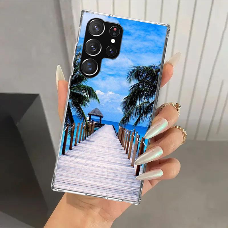 Letni Zachód Słońca nad Morzem z Palmą Etui na Telefon dla Samsung Galaxy S26 S24 S23 Ultra S25 Edge S22 S21 Plus S20 FE + Miękki Nadruk Osłona