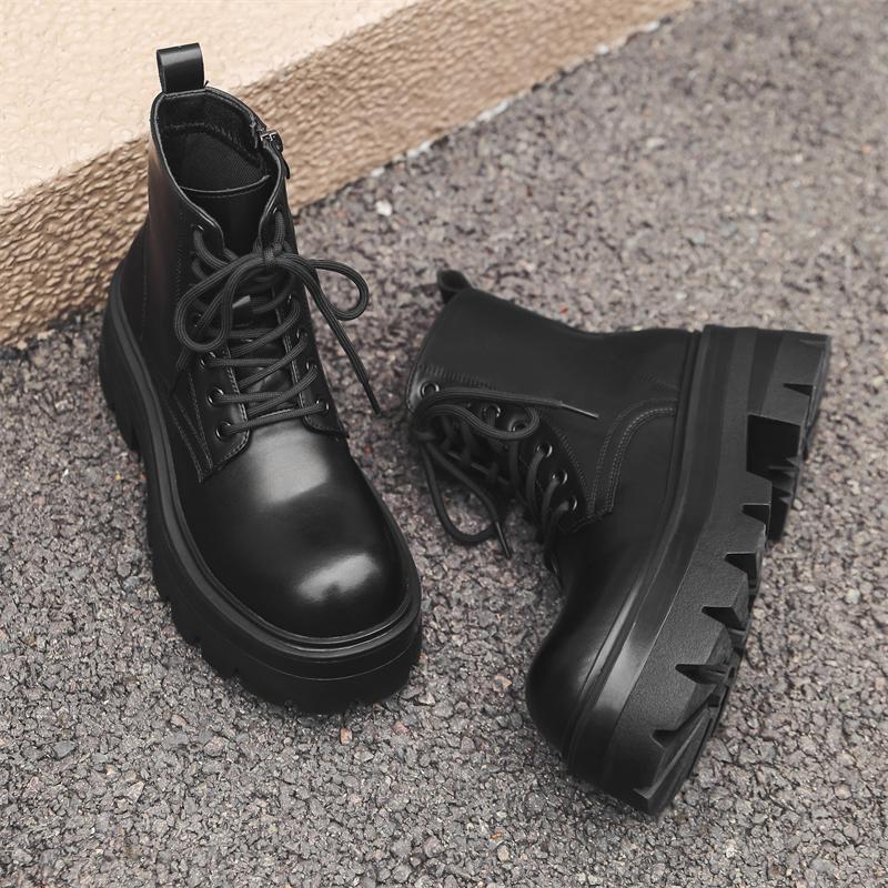 Fashion British Casual Leather Non-slip Motorcycle Boots for Men Fashion Thick Bottom Round Toe Shoes High Top Designer Lace-Up Boots