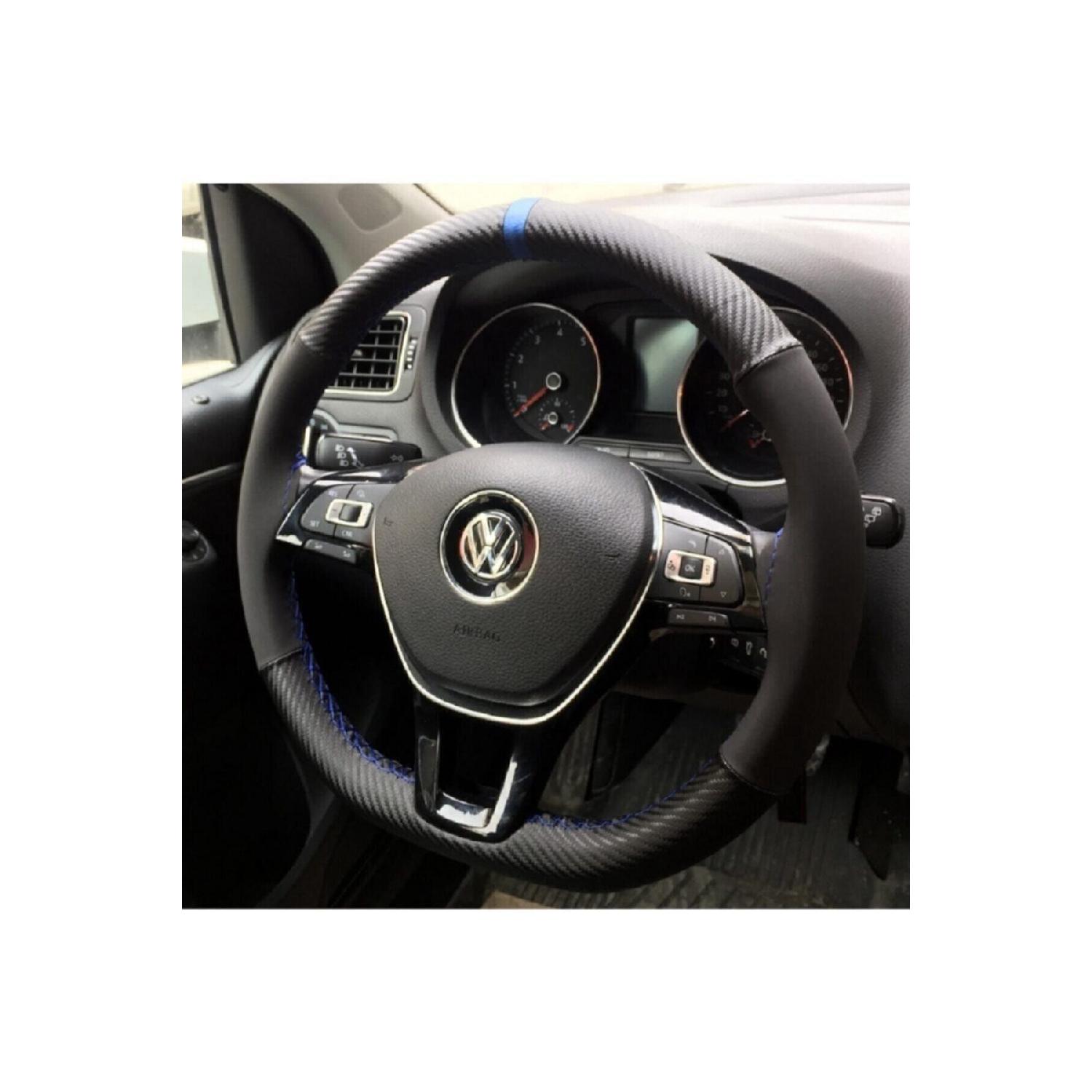 

Car Steering Wheel Cover Carbon Alkantra Ring Model With Blue Stitching