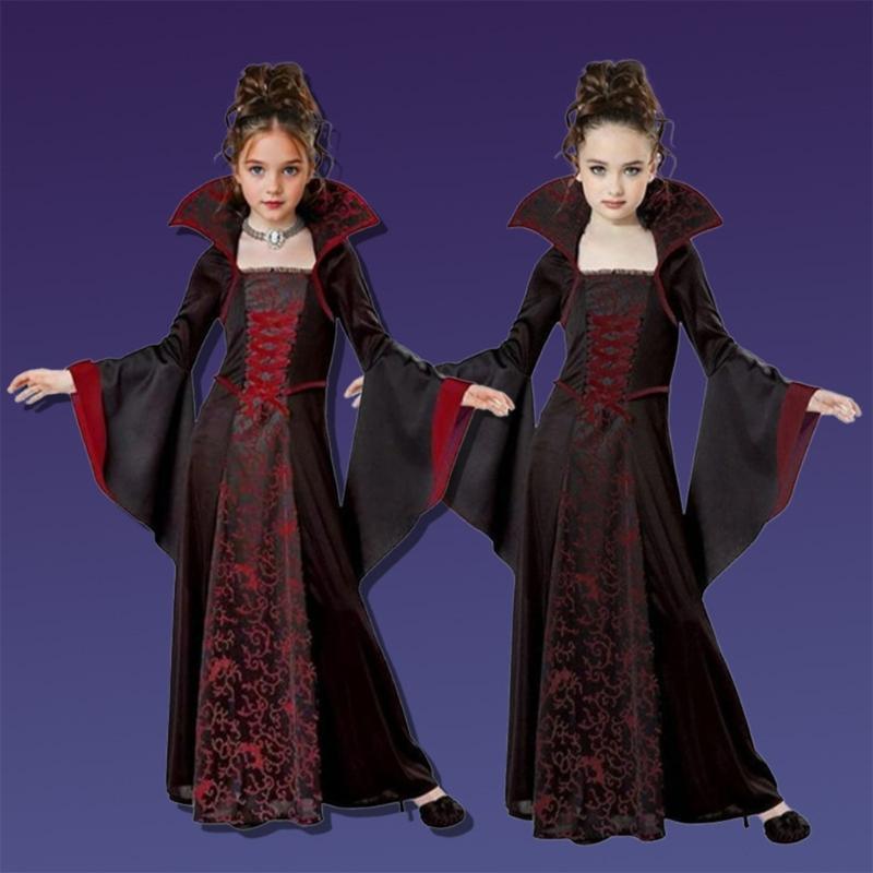 Blumenmuster Kleid mit Stehkragen Kinder Halloween Hexe Kostümkleid Für Mädchen Halloween Geburtstag Rollenspiel