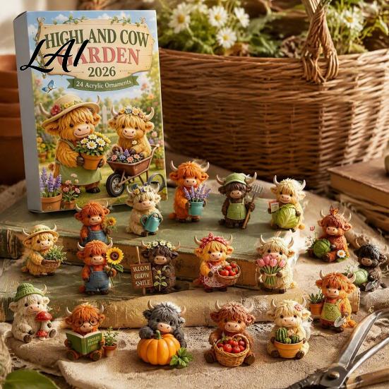 Indoor Festive Decorations Highland Cow Garden Advent Calendar 2026 24 Day Christmas Countdown with 2D Cute Animal Hanging Decor Acrylic Collectible