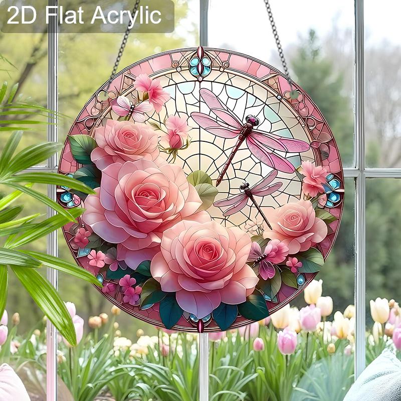 Acryl Rosa Rose Libelle Sonnenfänger Buntglas-Effekt Fensterhänge-Ornament Blumenliebhaber Geschenke