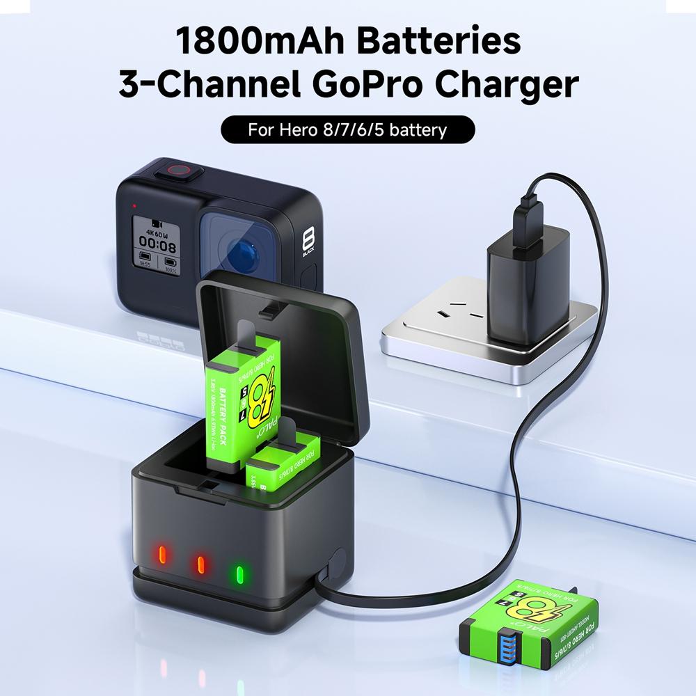 PALO 1800mAh Battery For GoPro Hero 8 7 6 5 Li-ion Battery Pack Motion Camera Battery Storage for GoPro Hero8 Rechargeable Batteries