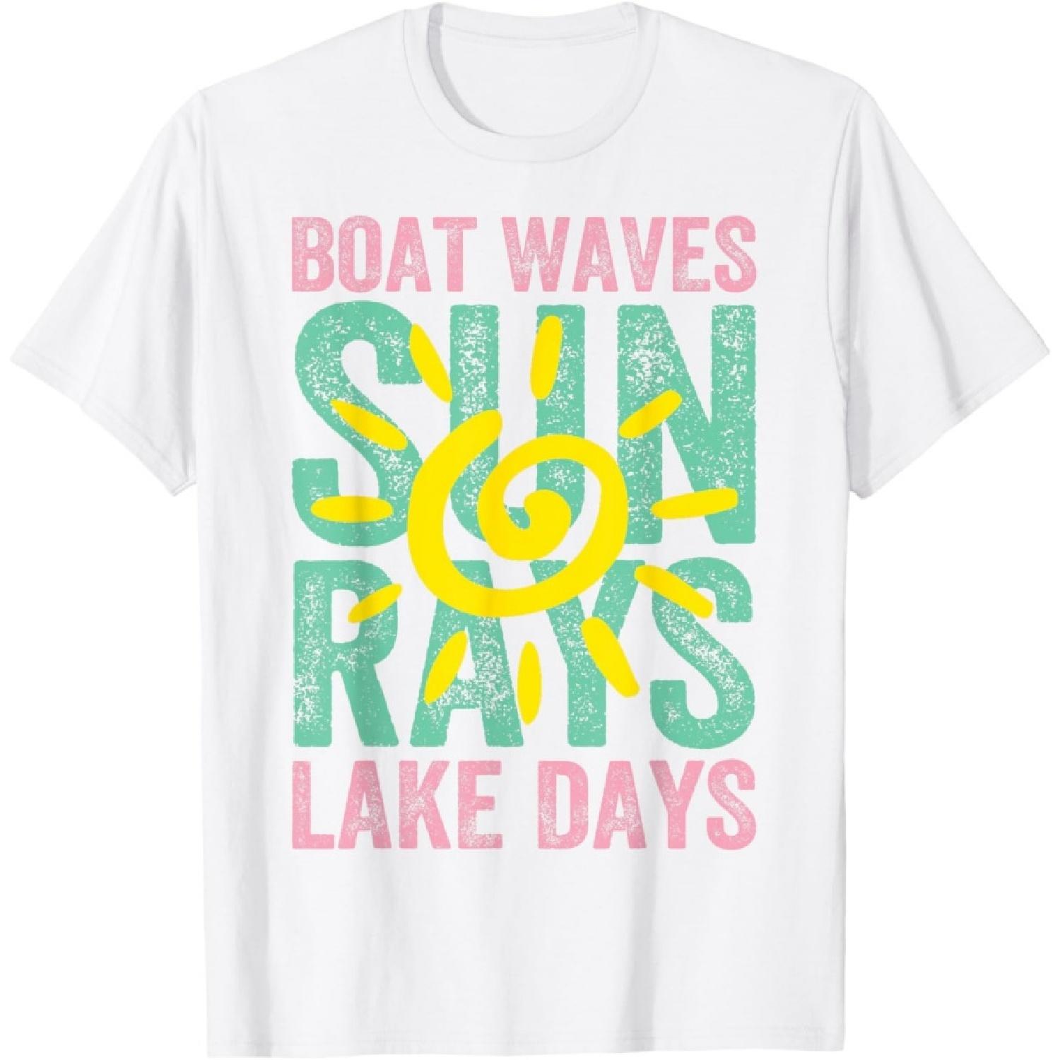 Boat Waves Sun Rays Lake Days Cute Retro Summer Vacation T-Shirt XXXXXL белый