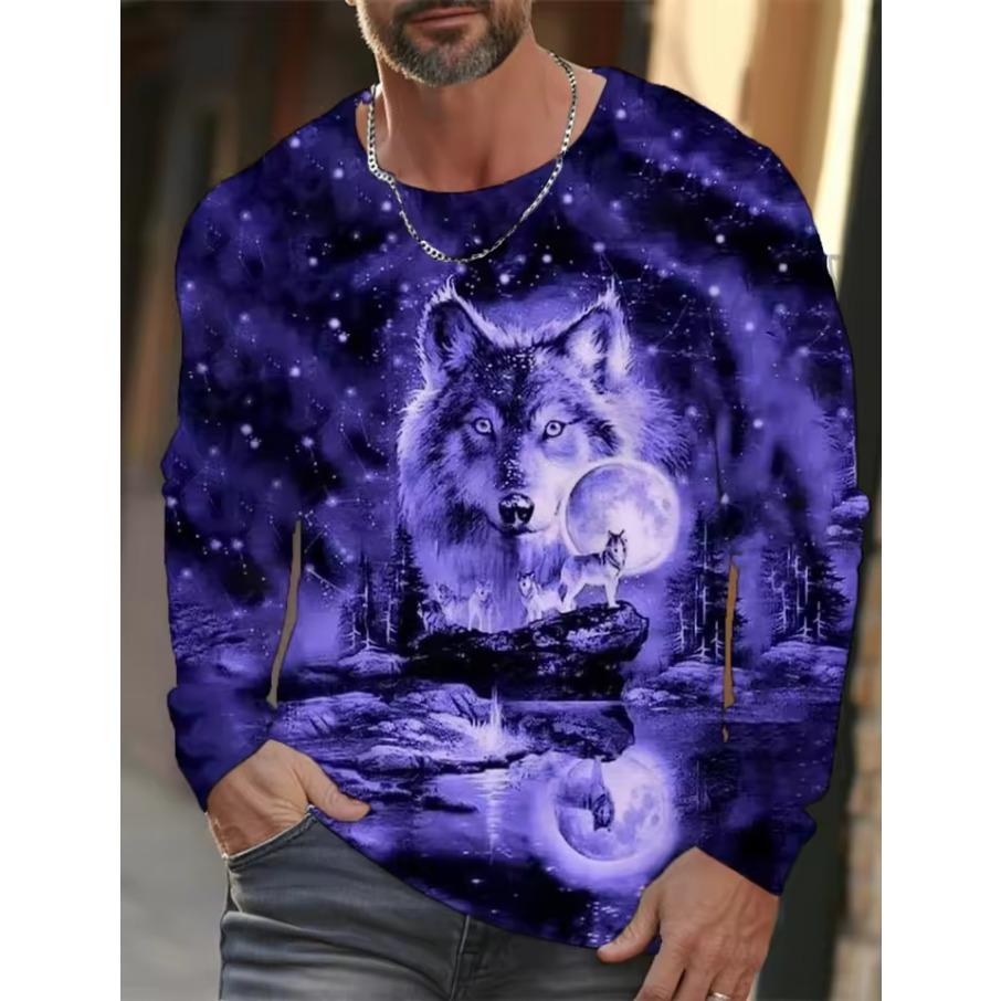 Wolf Graphic Men's Long Sleeve T-shirt for Men Clothing Casual Top Tee Shirt Fashion Animal 3D Full Printing Streetwear