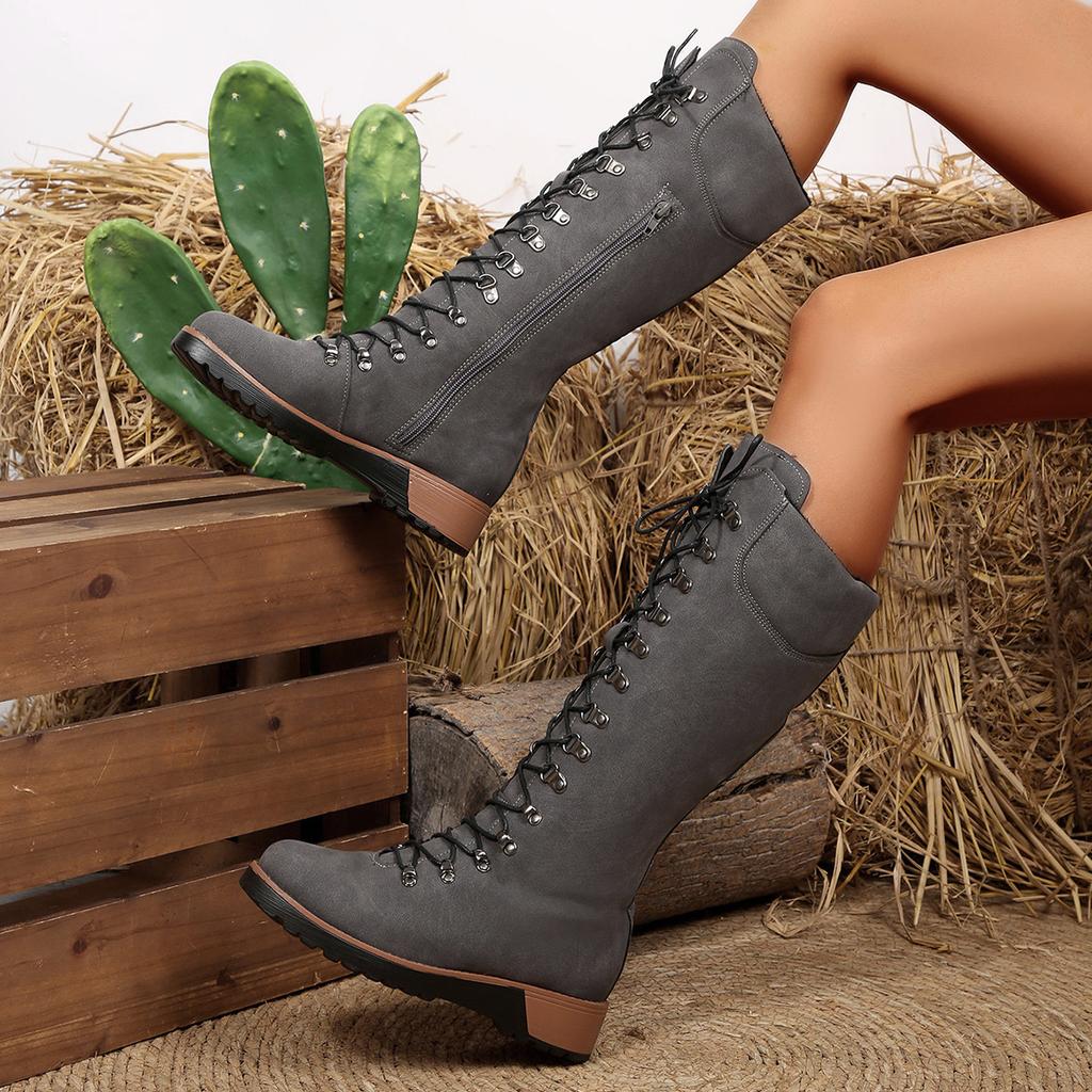 Womens Boots Fashion Mid-calf Boots High Quality Casual Leather Boot Lace Up Platform Boot Women Knight Boots Botas Largas Mujer