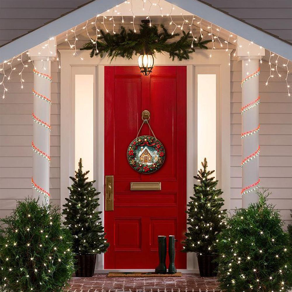 Wooden Christmas Sign with Gingerbread House Pattern - Classic Navidad Round Sign for Front Door Wall Hanging Decor - Ideal Christmas Ornament