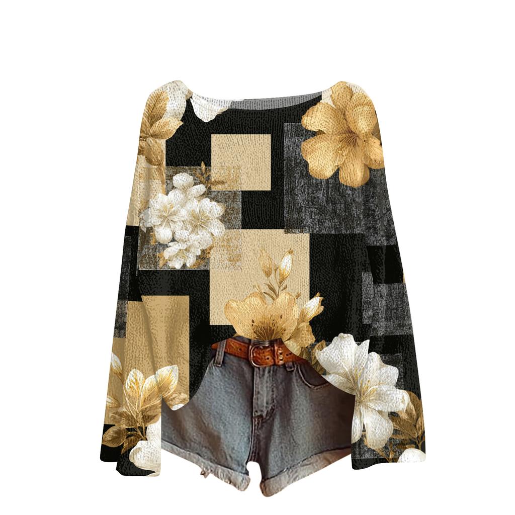 Women's Lightweight Sweater Casual Long Sleeve Knitted Vintage Floral Print Pullover