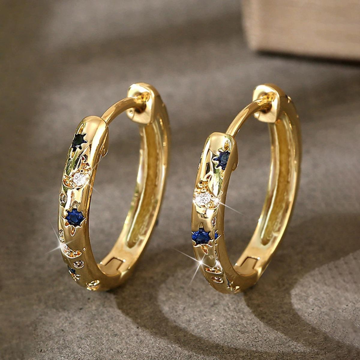 Celestial Star Moon Micro Pave Hoop Earrings Chic Retro Womens Earrings