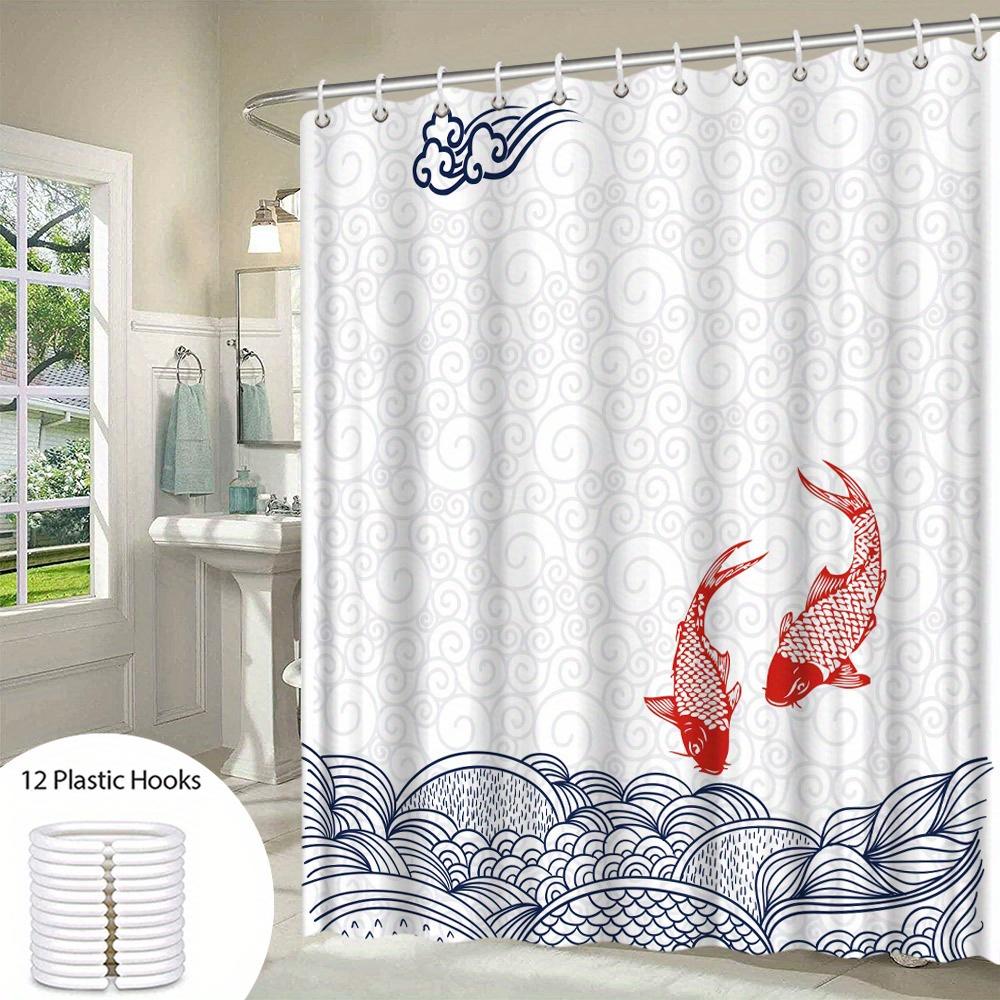 1pc Koi Fish Wave Shower Curtain Digital Illustration Stylized Blue Swirl Pattern Light Grey Background White Swirls Modern Desi