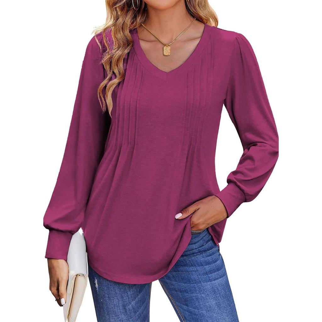 Women's T-shirt Solid Color V Neck Long Sleeve Top
