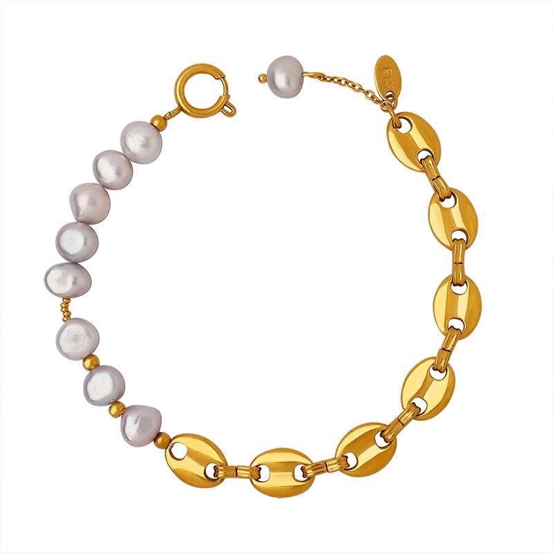 European-Inspired Pig Nose Freshwater Pearl & Titanium Steel Bracelet