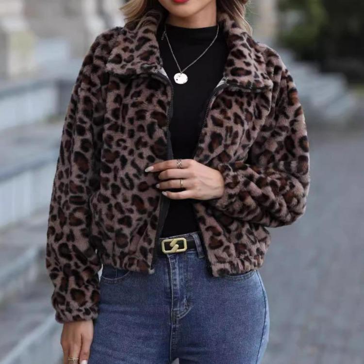Women Fluffy Leopard Print Fleece Jacket Loose Zip Coat Long Sleeve Autumn Winter