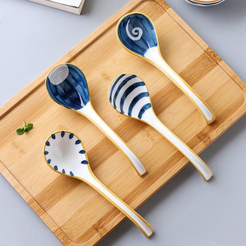 ZISIZ Japanese Ceramic Long Handle Blue Line Soup Spoon