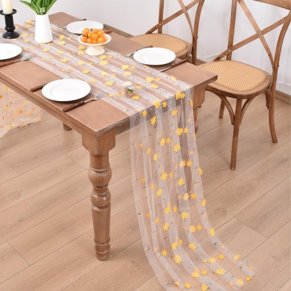 Semi-Transparent Tulle Table Runner 3D Embroidery Gauze Table Flag Kitchen Dining