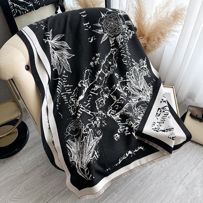 

Цветочный принт Контрастные цвета Осень и зима Двусторонний шарф из имитации кашемира Зимняя высококачественная теплая шаль Женская 180cm чёрный