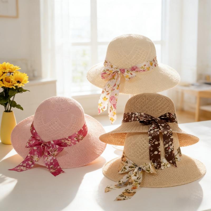 Summer Sun Protection Visor Women's Big-brimmed Straw Hat Streamer Printed Bucket Hat Fashionable Versatile Travel Sun Hat