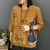 Spring and Autumn  Tops, Casual All-match Printed Three-quarter-sleeved Knitwear, Ethnic Style, Large Size Loose Short-sleeved Women's Tops