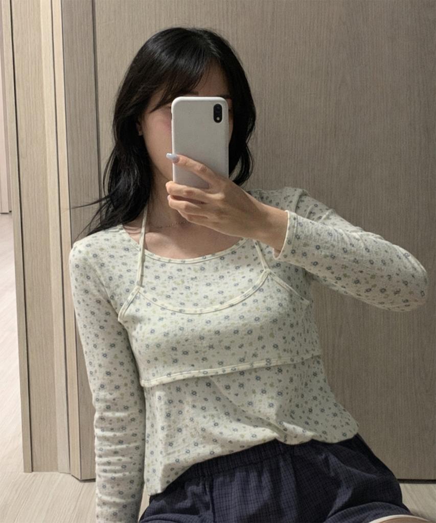 AWESOME STUDIO Flower Pattern Layered Top Light Beige