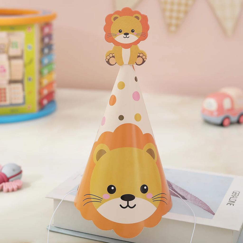 6pcs Forest Animal Jungle Party Decoration Birthday Hat Tiger Elephant Lion Giraffe Monkey Zebra Photo Props Headdress Kids Boys