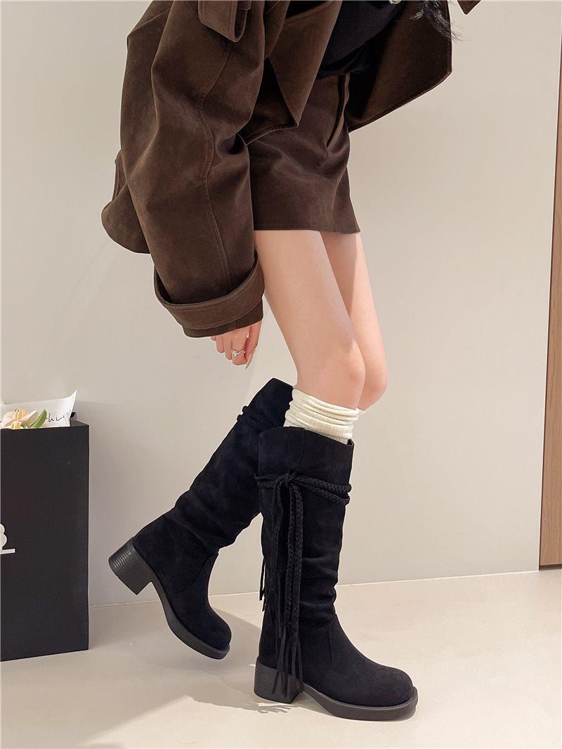 

Ветер осень куча сапоги женские короткие сапоги пустошь толстый каблук новые ретро ковбойские сапоги западные Синьцзян туризм бахрома 2025 40 чёрный