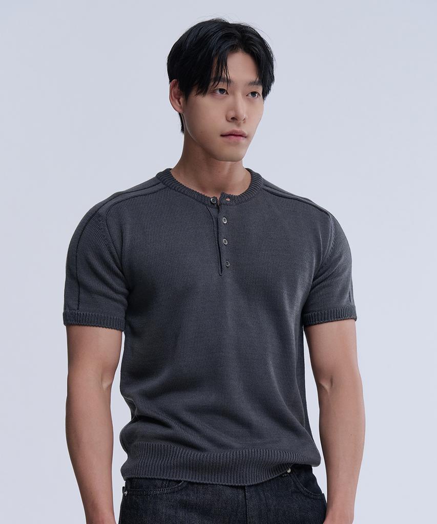 NINEZ Henley Neck Short Sleeve Muscle Knit (Charcoal)