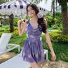 Suspenders Purple One-piece Hot Bathing Suit Women's Waist Pleated Skirt Belly-covering Slimming Vacation Swimsuit