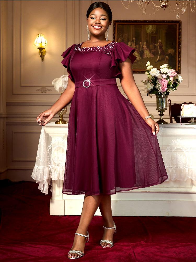 

Элегантное миди-платье А-силуэта большого размера для женщин с рукавами-рюшами и жемчужной линией горловины, идеально для вечеринки, свадьбы, вечерних приемов 4XL винный